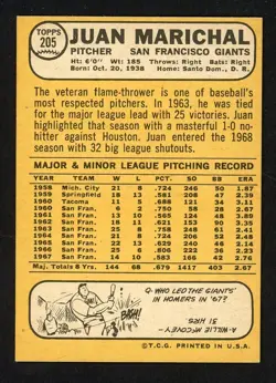 1968 Topps JUAN MARICHAL San Francisco Giants #205 EX/MT Condition (2) - Image 2