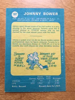 1969-70 O-Pee-Chee Johnny Bower Toronto Maple Leafs #187 - Image 2