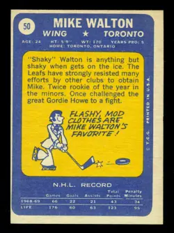 1969-70 TOPPS NHL #50 Mike Walton NM TORONTO MAPLE LEAFS HOCKEY Card - Image 2