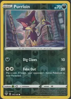 Purrloin SWSH03: Darkness Ablaze #106/189 - Reverse Holo - Pokemon NM - Image 1