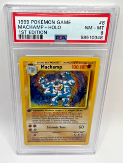 1999 POKEMON GAME 1ST ED #8 MACHAMP-HOLO PSA 8 - Image 1