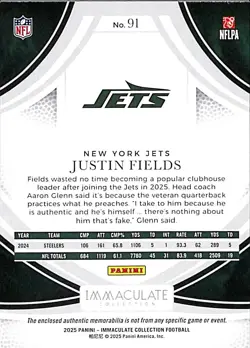 2025 Panini Immaculate Justin Fields 3 Color Patch /99 New York Jets🔥 #91 - Image 4