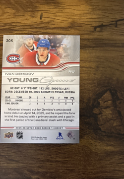 2025-26 Upper Deck #205 Ivan Demidov Young Guns RC Montreal Canadiens NM - Image 3