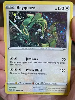 POKEMON RAYQUAZA SWSH029 BLACK PROMO STAR COSMOS HOLOFOIL WITH SWIRL NM CARD - Image 1
