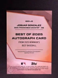 2025 Bowman’s Best Josuar Gonzalez Best of 25 Auto Blue Refractor /150 Rookie SF - Image 2