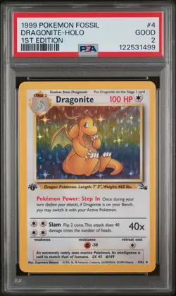 1999 POKEMON FOSSIL 1ST ED #4 DRAGONITE-HOLO PSA 2 - Image 1