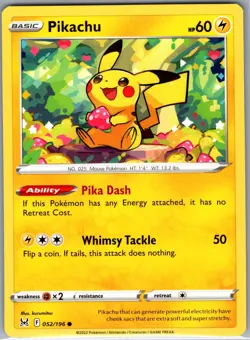 Pikachu 052/196 Non Holo SWSH11: Lost Origin - Pokemon Card - NM - Image 1