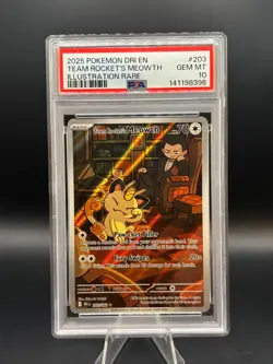 2025 POKEMON DESTINED RIVALS ILLUSTRATION RARE #203 TEAM ROCKET'S MEOWTH PSA 10 - Image 1