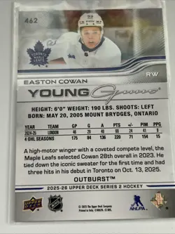 Easton Cowan YOUNG GUNS OUTBURST 2025-26 UD Series 2 SSP 🔥 Maple Leafs 🔥 RC - Image 2