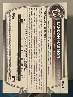 2025 Bowman Draft Baseball Landon Harmon Sky Blue 1st Bowman /499 #BD-44 - Image 2