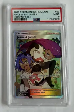 Jessie and James 68/68 Full Art Trainer Pokemon Hidden Fates Team Rocket PSA 9 - Image 1