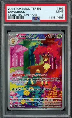 2024 Pokemon Temporal Forces 166/162 SAWSBUCK Illustration Rare PSA 9 Mint - Image 1