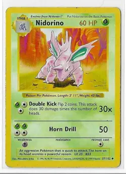 HP Pokemon 1999 Nidorino 37/102 Shadowless Base Set Unlimited - Image 1