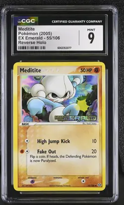 CGC 9 MINT Meditite 2005 EX Emerald 55/106 Reverse Holo STAMPED Pokemon Card psa - Image 1
