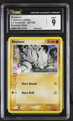 CGC 9 MINT Rhyhorn 2005 EX Emerald 62/106 Reverse Holo STAMPED Pokemon Card psa - Image 1