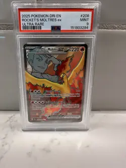 2025 POKEMON EN-DESTINED RIVALS ULTRA RARE TEAM ROCKET'S MOLTRES EX #208 PSA 9 - Image 1