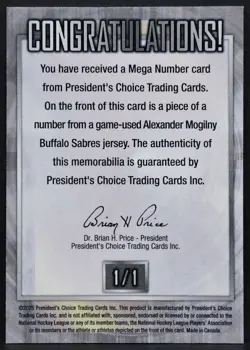 25-26 President's Choice Mega Number Alexander Mogilny Buffalo Sabres 1/1 Patch - Image 2