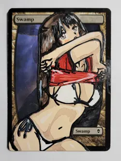 Magic MTG Altered Art Swamp Land - Original Hand Drawn & Painted Anime Girl - Image 1