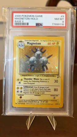 2000 Pokemon Base Set 2 9/130 Magneton Holo PSA NM-MT 8 - Swirl - Image 1
