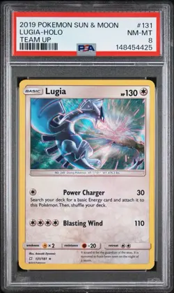 2019 POKEMON SUN & MOON TEAM UP #131 LUGIA-HOLO PSA 8 - Image 1