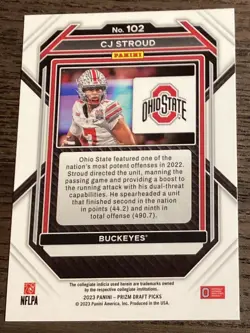 2023 Panini Prizm Draft Picks C.J. Stroud #102 Rookie Card! Ohio State Buckeyes! - Image 2