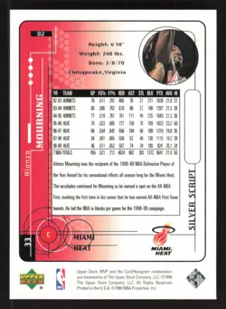 1999-00 Upper Deck MVP Silver Script Alonzo Mourning #82 Miami Heat - Image 2