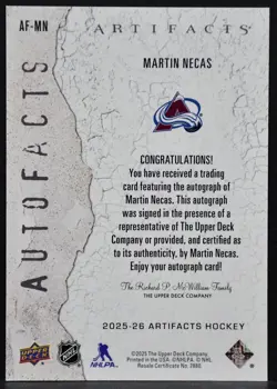 2025-26 UD Artifacts Autofacts Martin Necas AF-MN Colorado Avalanche Auto - Image 2