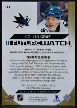 24-25 SP Authentic Future Watch Patch Auto Collin Graf Sharks RC Auto /100 Patch - Image 2