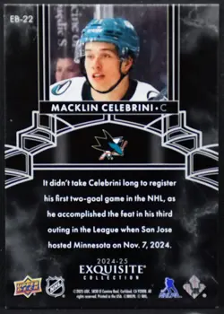24-25 UD The Cup Exquisite Collection Black Macklin Celebrini Sharks RC /99 9263 - Image 2