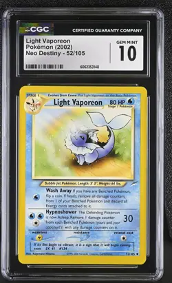 CGC 10 GEM MINT Light Vaporeon 2002 Neo Destiny 52/105 Pokemon Card psa - Image 1