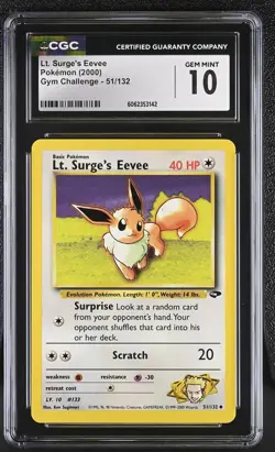 CGC 10 GEM MINT Lt. Surge's Eevee 2000 Gym Challenge 51/132 Pokemon Card psa - Image 1