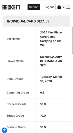 🏴‍☠ BGS 10 PRISTINE-One Piece Monkey.D.Luffy OP 13-118 SEC Red Manga Alt Art - Image 5