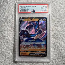 2020 POKEMON SWORD & SHIELD CHAMPION'S PATH #027 LUCARIO V PSA 10 - Image 1