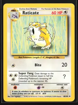 Pokemon Raticate 40/102 WotC Base Set Unlimited Uncommon NM - Image 1