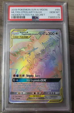 2019 POKEMON S&M HIDDEN FATES FULL ART/MOLTRES & ZAPDOS & ARTICUNO GX PSA 10 - Image 1