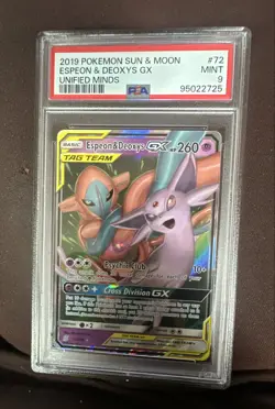 2019 Pokemon Sun And Moon Espeon & Deoxys GX 72/236 Sm-Unified Minds Holo PSA 9 - Image 1