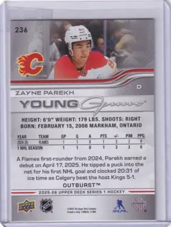 25-26 Upper Deck Series 1 Zayne Parekh Young Guns Outburst - Image 2