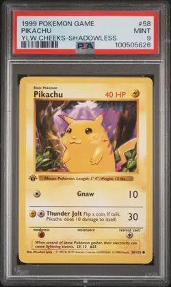 Pikachu Pokemon 1999 Base Set Shadowless 1st Edition English 058/102 PSA 9 - Image 1