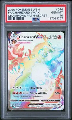 2020 Pokemon SWSH FA Charizard Vmax 074/073 Champion's Path Secret PSA 10 - Image 1