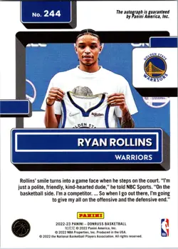 2022-23 DONRUSS CHOICE RYAN ROLLINS RATED ROOKIE RC AUTO #244 SSP BUCKS - Image 2