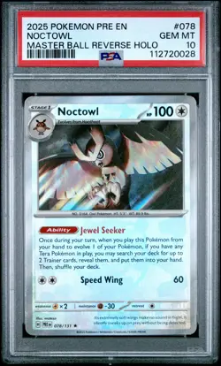 2025 POKEMON PRE EN-PRISMATIC EVOLUTIONS MASTER BALL REVERSE HOLO NOCTOWL PSA 10 - Image 1