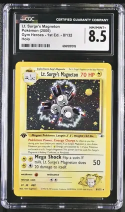Lt Surge's Magneton 8/132 1st Edition Gym Heroes Holo Rare Pokemon Card CGC 8.5 - Image 1