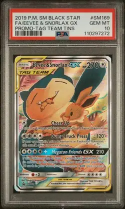 2019 Pokemon Black Star Promo Eevee & Snorlax GX Tag Team Tins #SM169 PSA 10 - Image 1