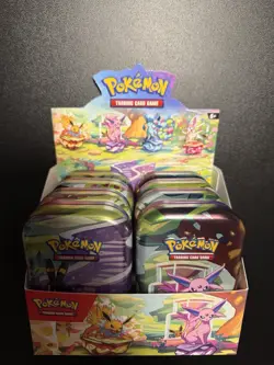 Pokemon TCG Prismatic Evolutions Mini Tin *EMPTY* Display Box & 8 Tins - Image 1