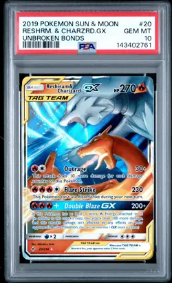 2019 POKEMON SUN & MOON UNBROKEN BONDS #20 RESHIRAM & CHARIZARD GX PSA 10 - Image 1