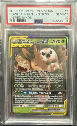 2019 POKEMON SUN & MOON UNIFIED MINDS ROWLET & ALOLAN EXEGGUTOR GX #1 PSA 10 - Image 1