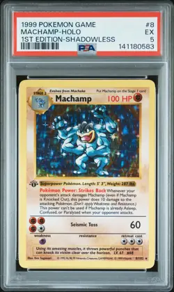 1999 POKEMON GAME 1ST ED-SHADOWLESS #8 MACHAMP-HOLO PSA 5 - Image 1