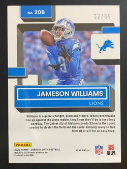 Jameson Williams 2022 Donruss Optic Rookie Electricity /65 Lions #208 SCRATCHES - Image 2