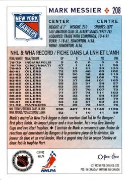 1992-93 O-Pee-Chee #208 Mark Messier Signed New York Rangers - Image 2