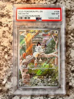2025 Pokemon Phantasmal Flames Meowth Illustration Rare #106/094 PSA 8 MINT - Image 1